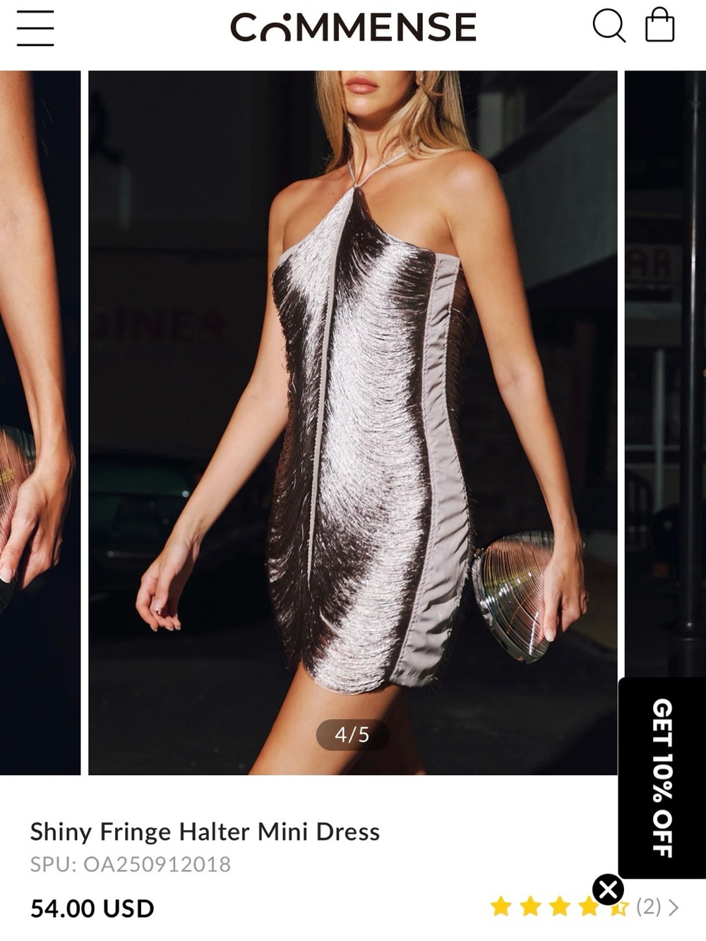 Commense Metallic Silver Halter Fringe Mini Dress